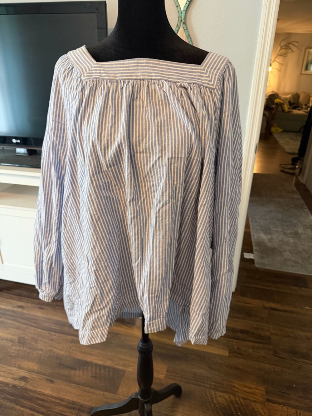 Terra & Sky Blue and White Striped Square-Neck Blouse